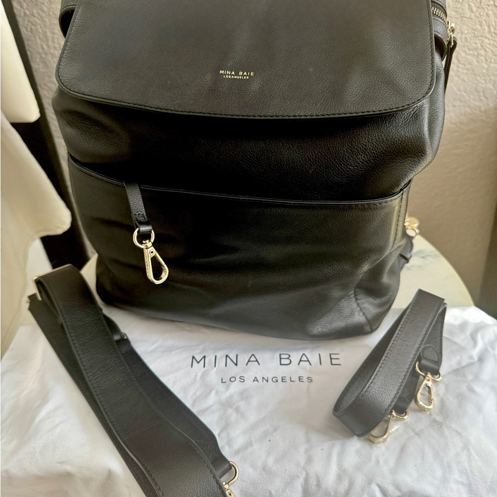 Mina Baie Black Real Leather Kinney Diaper Bag